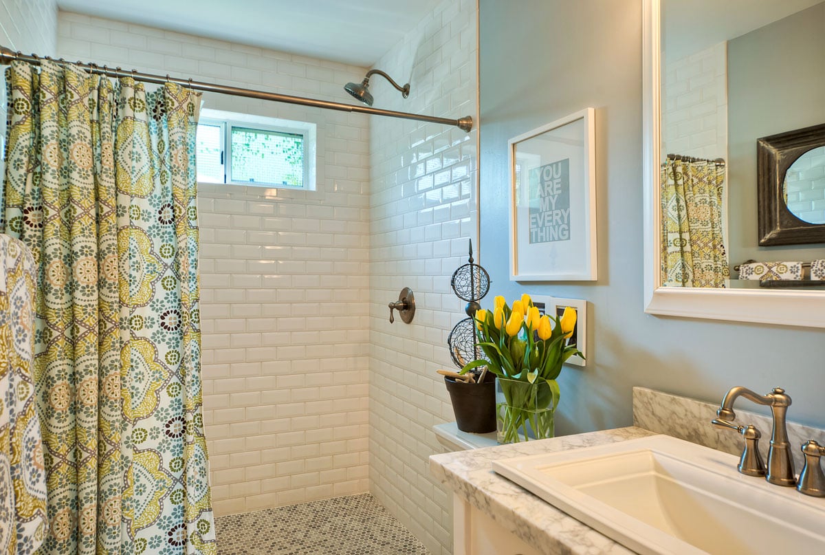 Arcadia Bathroom Vanity With Green Sliding Shower Curtains