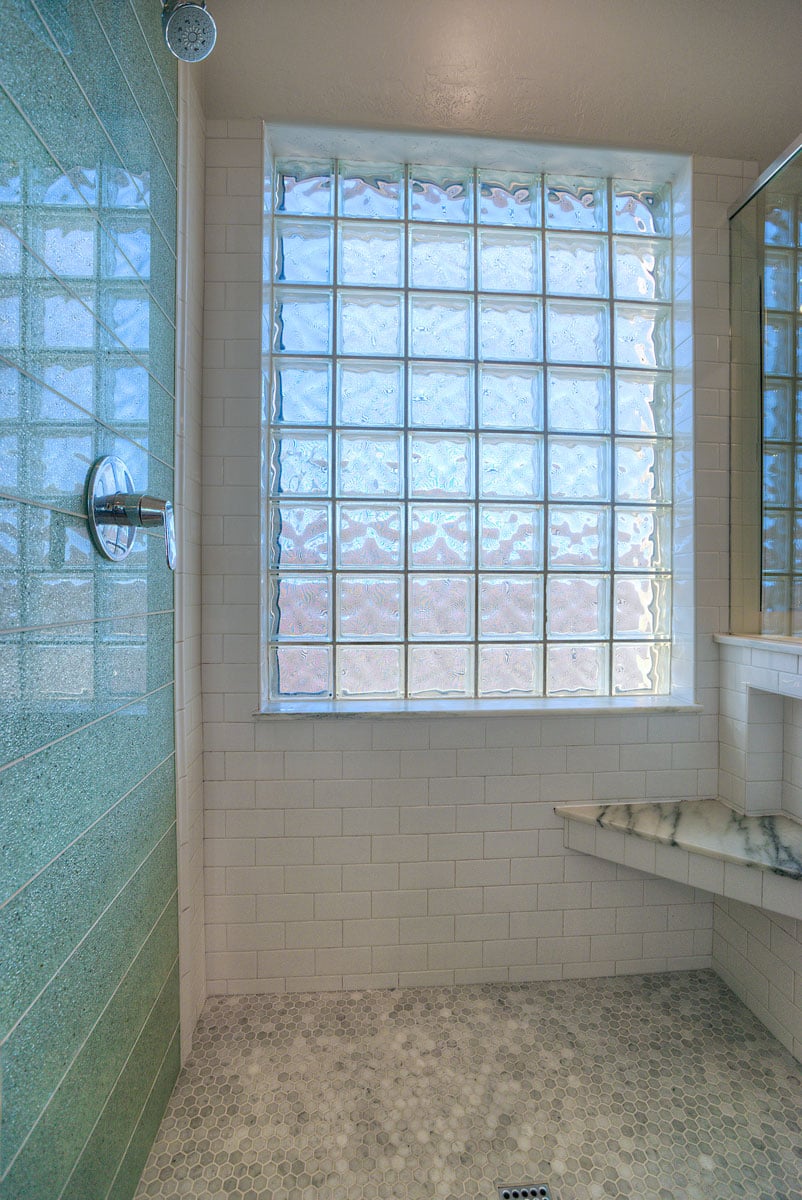 Tiled window in bathroom shower