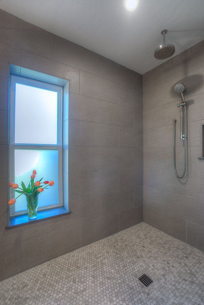 Close up of shower interior and window with fog stain
